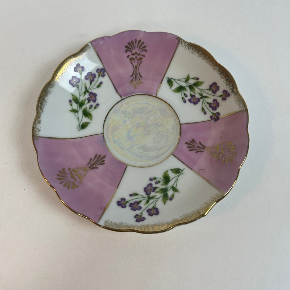 Vintage Pink White Porcelain Floral Saucer Gold Trim Lusterware Scalloped Edge